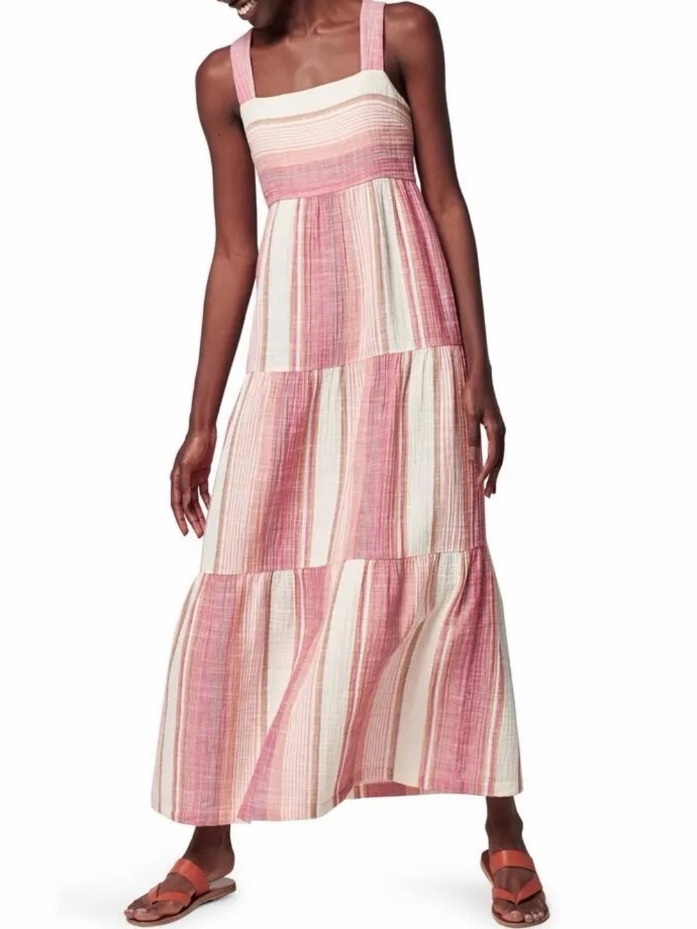 Faherty Sarah Tiered Stripe Cotton Maxi Dress Organic Cotton Gauze Beachy Large